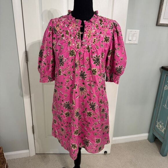 Olivia James Floral Pink Dress w smocking and buttons at neckline-size M- EUC - Picture 5 of 12